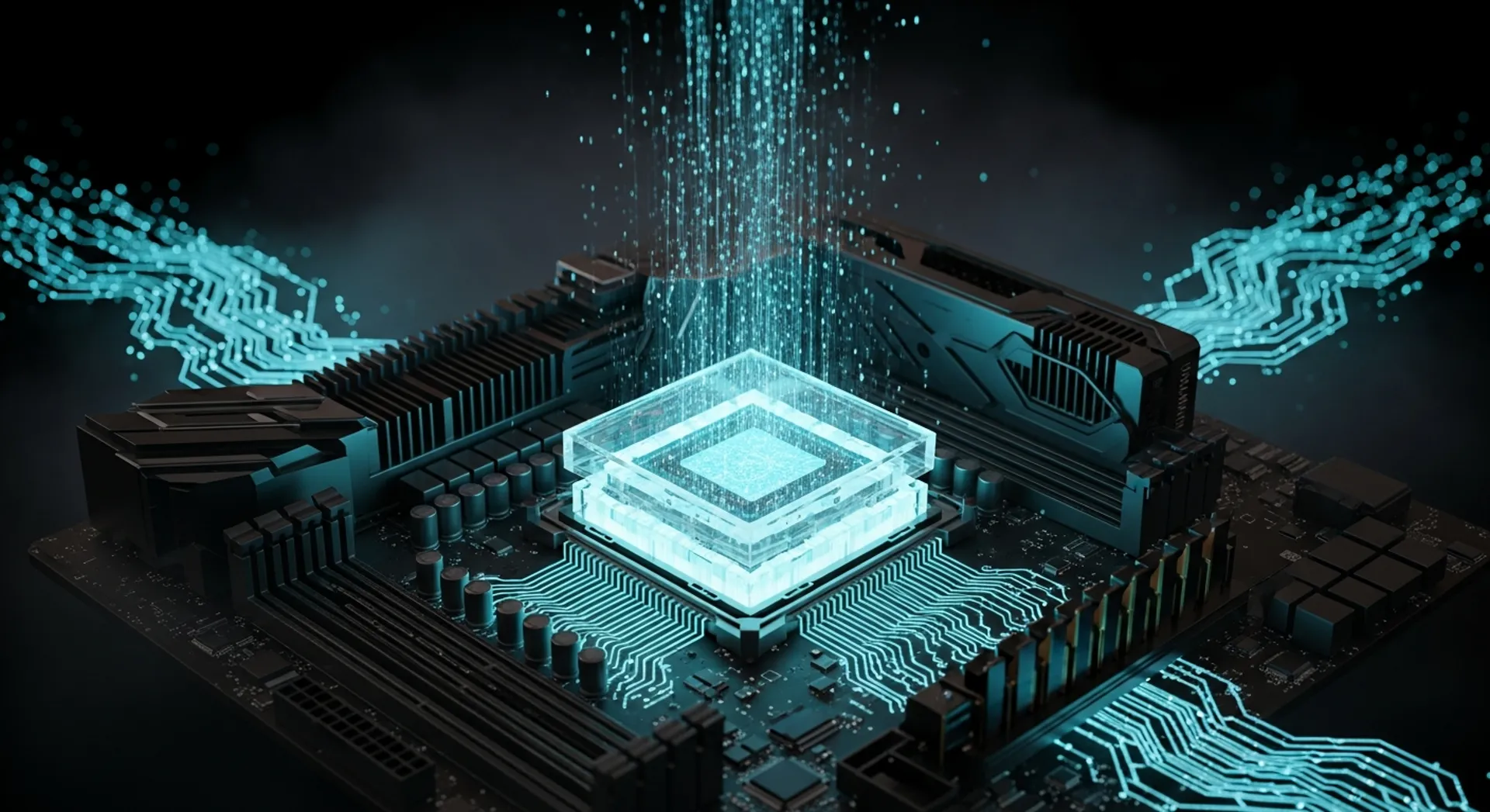 Abstract circuit board background representing AI and technology
